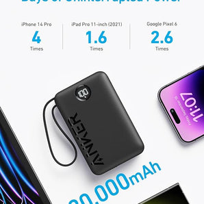 Anker 335 Power Bank (20K 22.5W PD, Built-In USB-C Cable) -Black