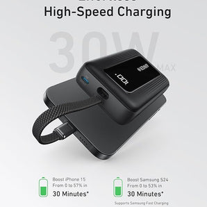 Anker Zolo Power Bank (20K, 30W, Built-In USB-C Cable) -Black