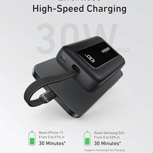 Anker Zolo Power Bank, 20K, 30W, Built-In USB-C Cable - Black