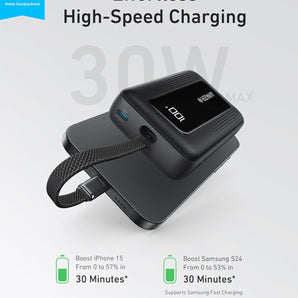 Anker Zolo Power Bank (10K, 30W, Built-In USB-C Cable) -Black